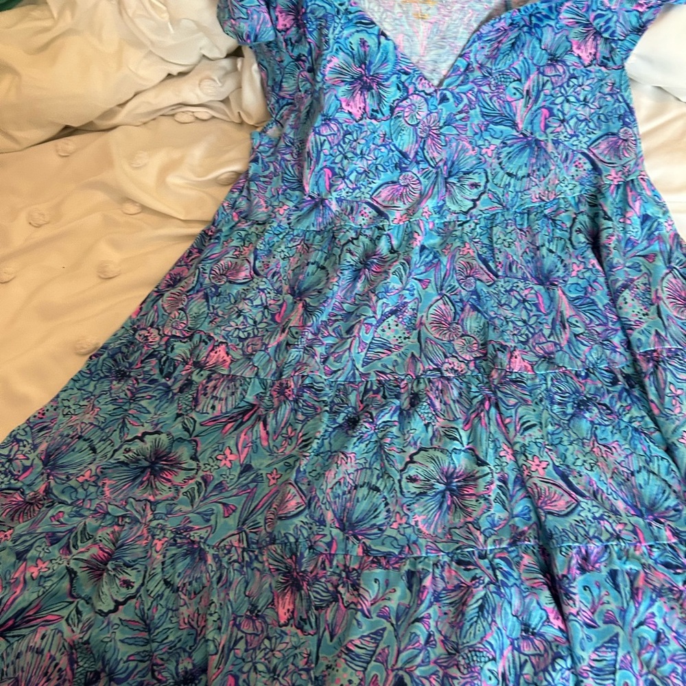 Lilly Pulitzer Kawai Floral and Fish Dress.  Blue, Pink, and Purple.